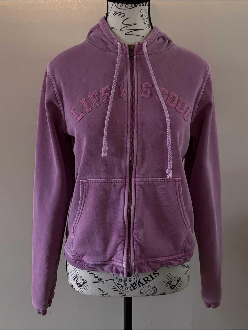 Women’s Small Lavender Purple Zip-Up Hoodie - 'Life Is Good' Embroidered ~